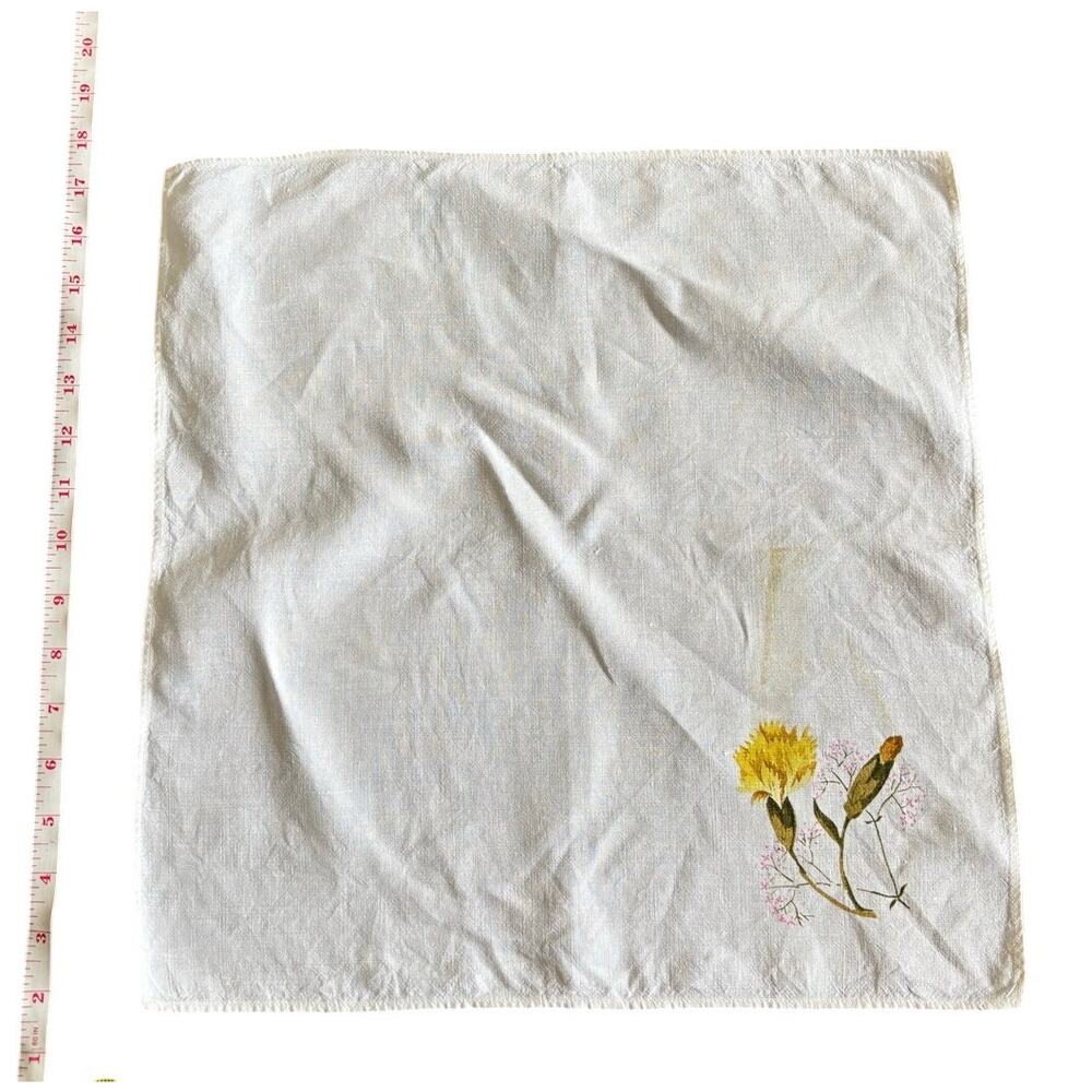Vintage 1950s Floral Handkerchief White Cotton Yellow Flower Hanky AS IS 16x16